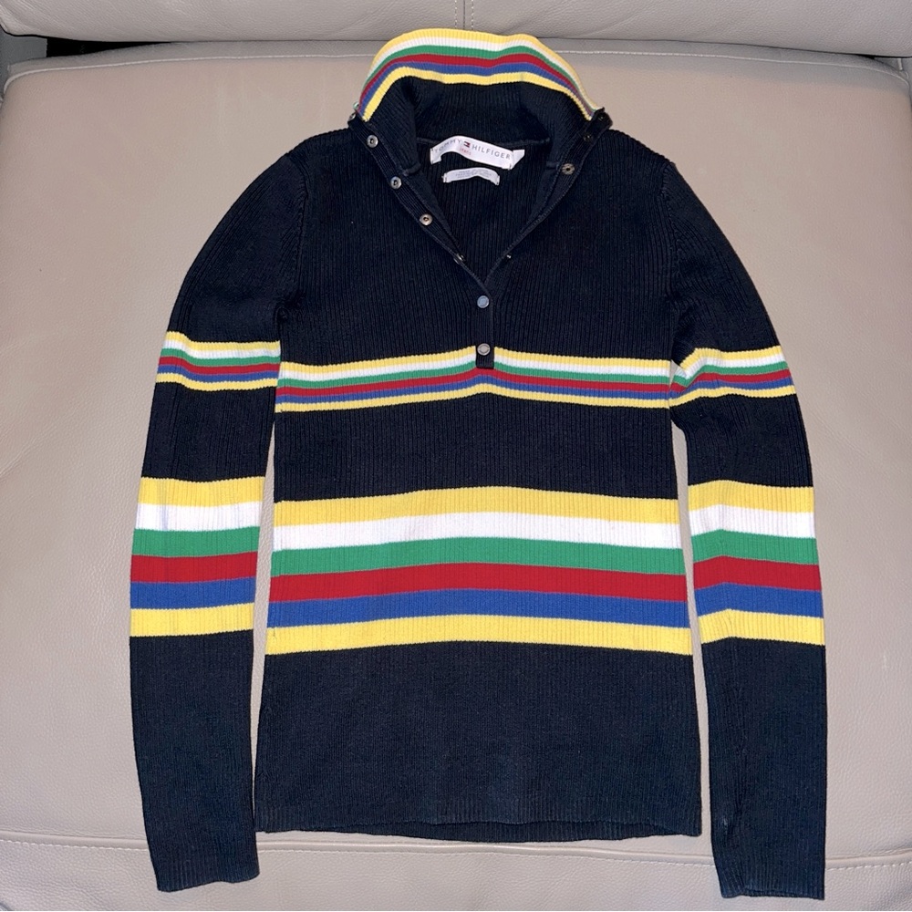 TOMMY HILFIGER Striped Sweater szWomen S/P Fitted Ribbed Cotton Black/Multicolor